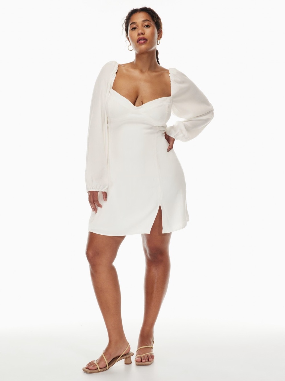 Aritzia Wilfred Novella Puff-Sleeve Sweetheart Mini Dress with Slit Light Birch